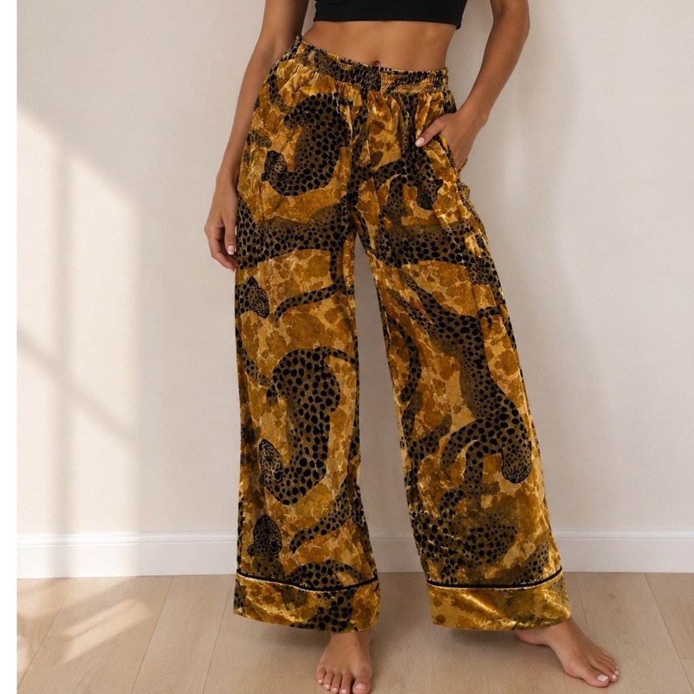 Sofia Vergara Intimates Velvet Leopard Print Pajama Pants XL Yellow Black n3